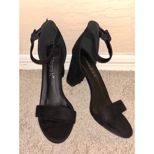 Black suede ankle strap chunky heel sandals